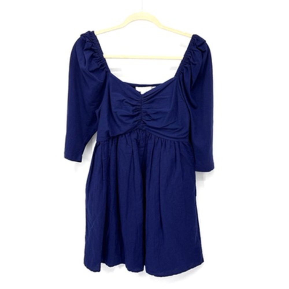 Anthropologie Forever That Girl Linen Puff Sleeve Mini Dress Small Navy Cowgirl